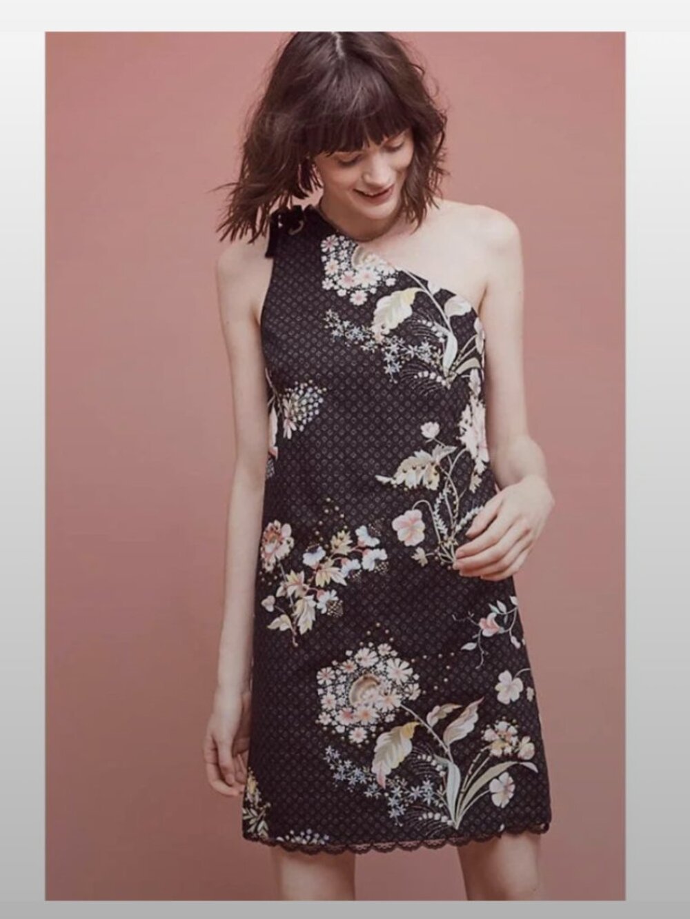 Anthropologie Maeve Black Floral One-Shoulder Dress sz8
